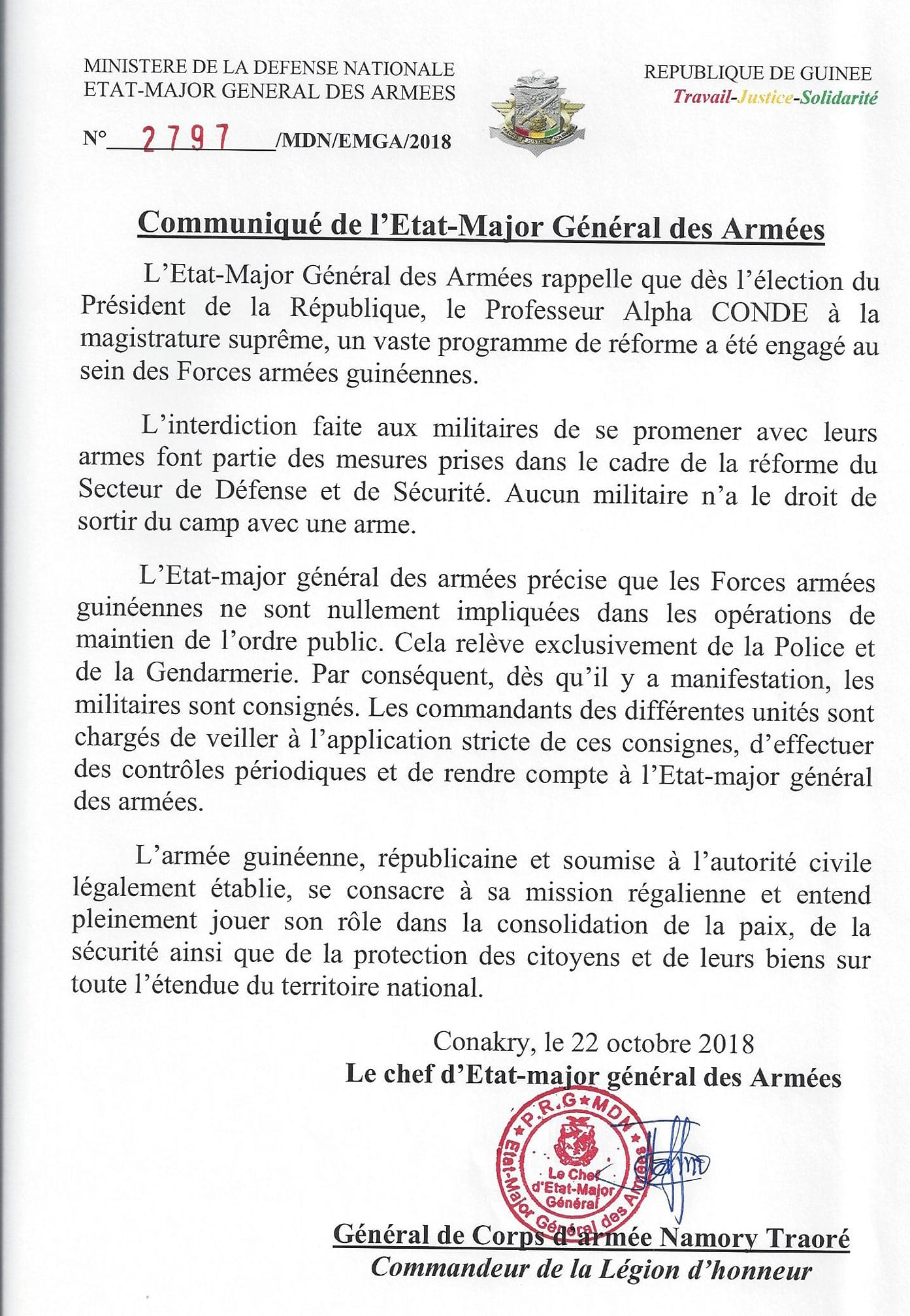 Communiqué L'État-major général des armées précise
