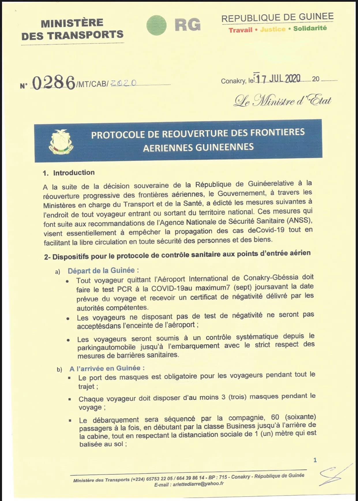 Protocole de réouverture des frontières aériennes guinéennes 