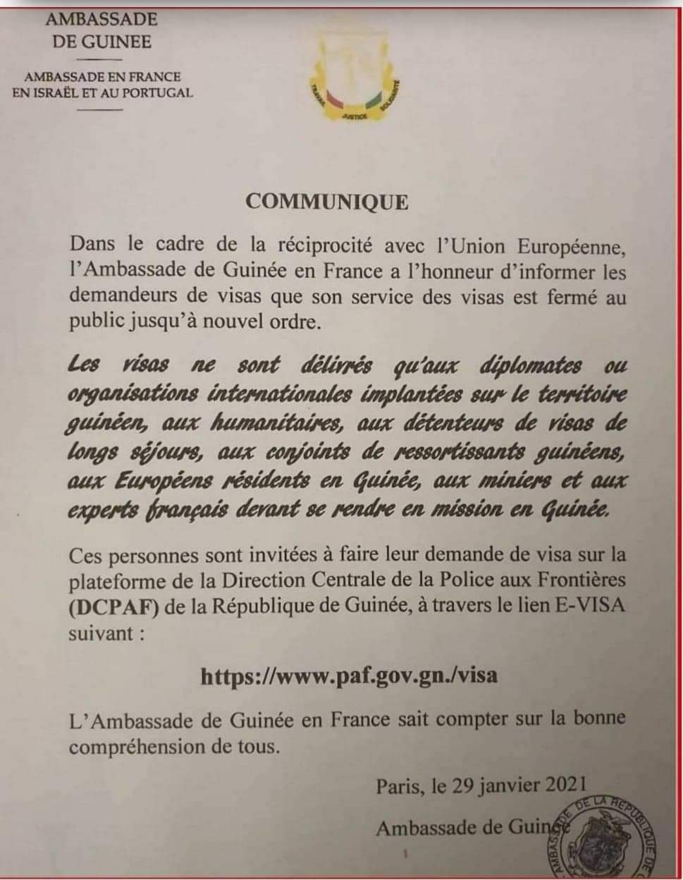 L'ambassade de Guinée en France ne delivre plus de visa qu'à une certaine catégorie de personnes