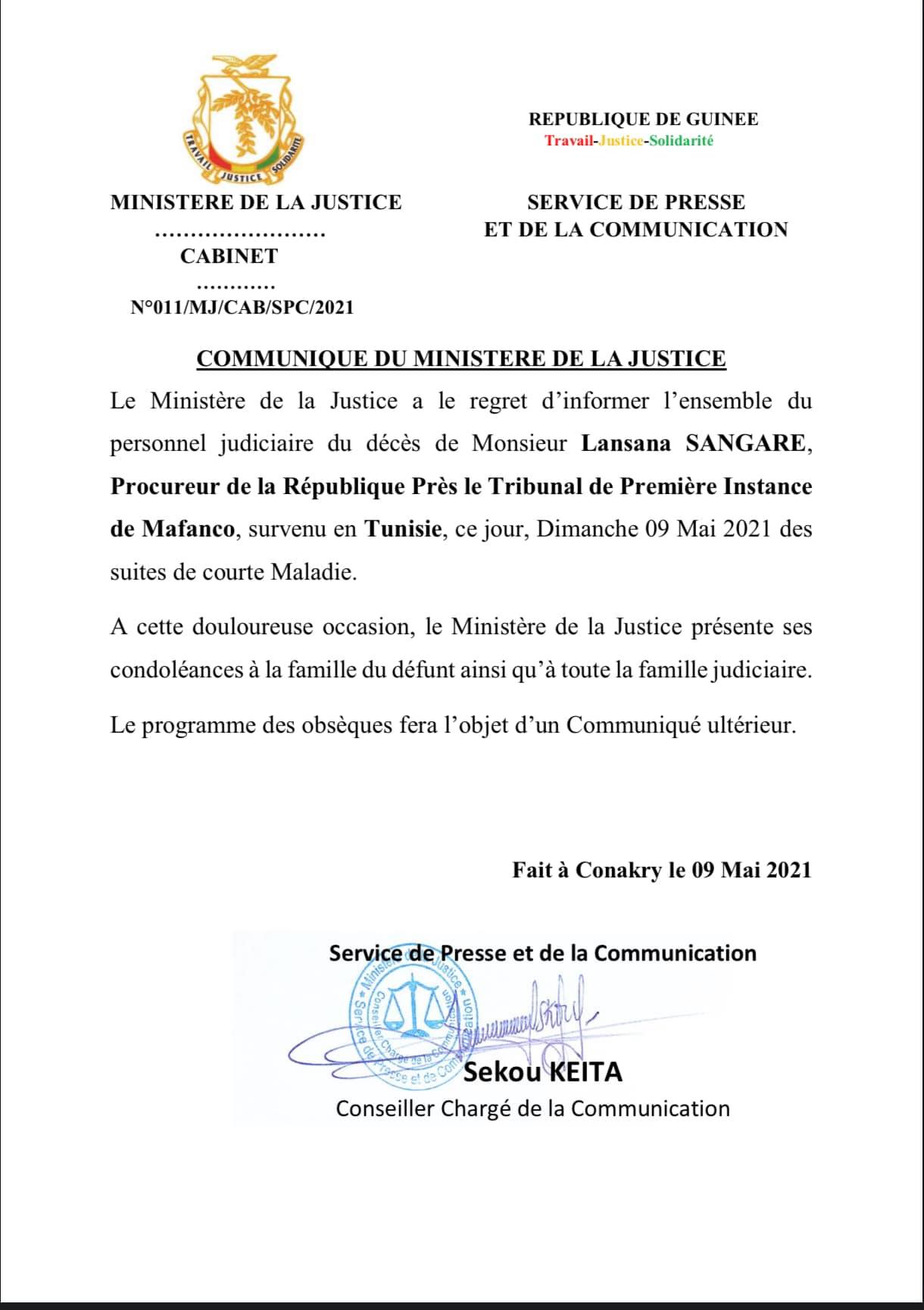 NÉCROLOGIE COMMUNIQUE DU MINISTERE DE LA JUSTICE