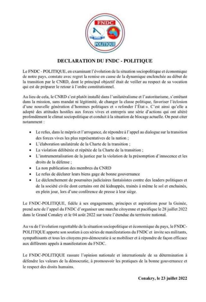 Prochaines Manifestations : DECLARATION DU FNDC - POLITIQUE
