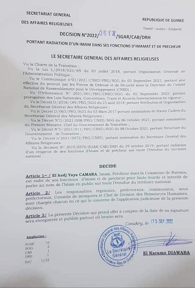 Décision contre l'imam Yaya